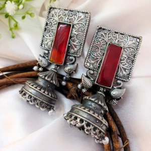 Mayuri Jhumkas: Red Stone & Swan Charm