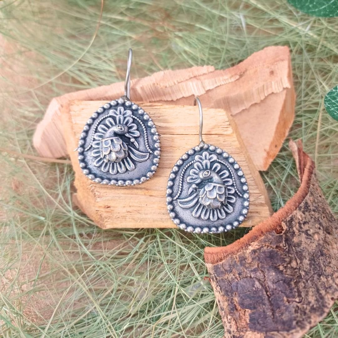 Kavya - Majestic Peacock Silver Tone Earrings