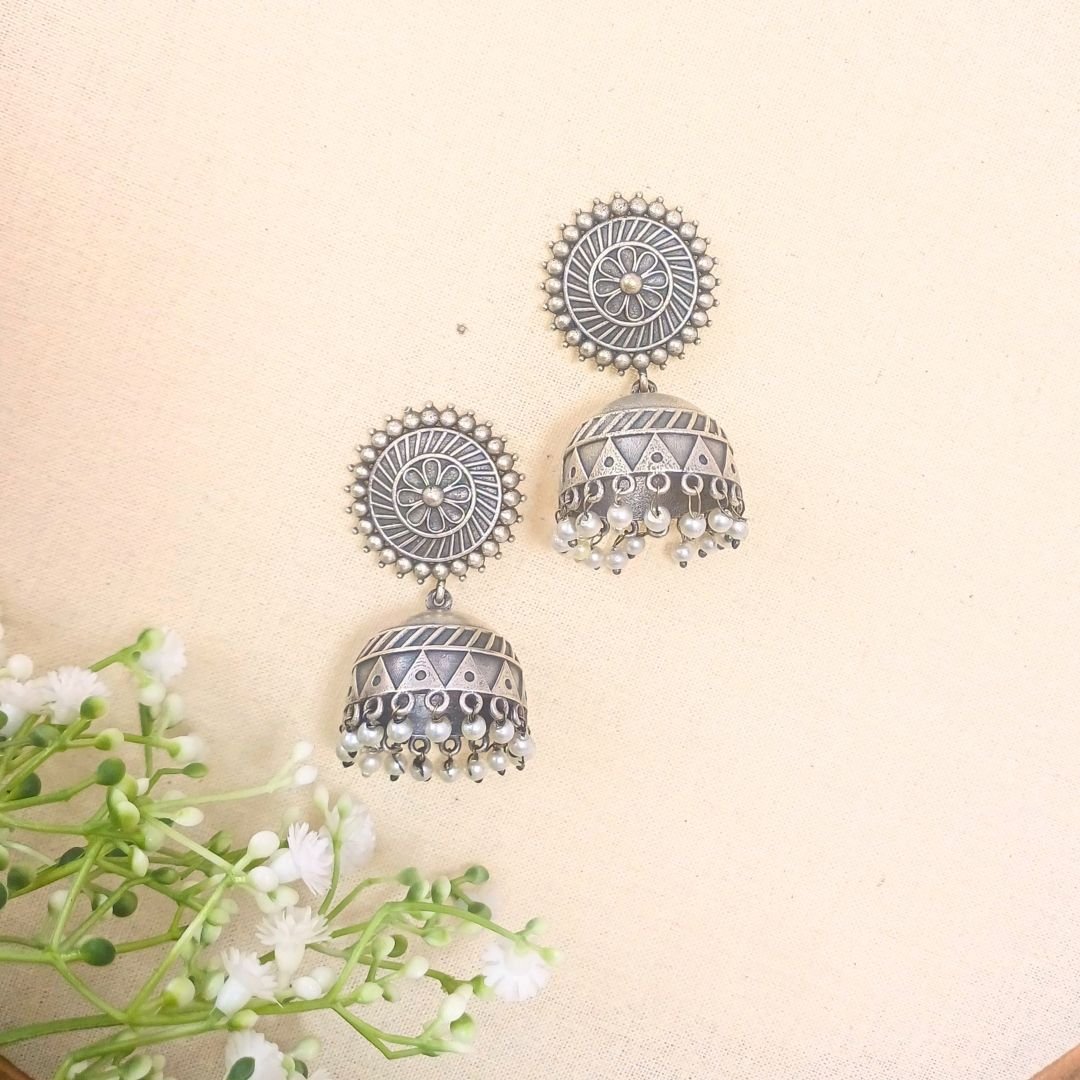 Anika - Floral Mandala Jhumkas with Pearl Drops