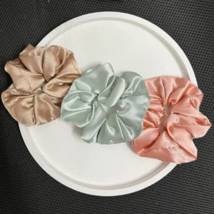 Satin Scrunchies – Gold, Green & Pink (Set of 3)
