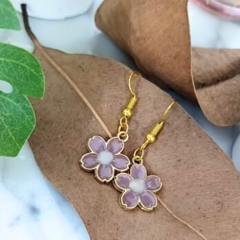 Purple Floral Drop Earrings – Gold-Plated Sakura with Fish Hooks