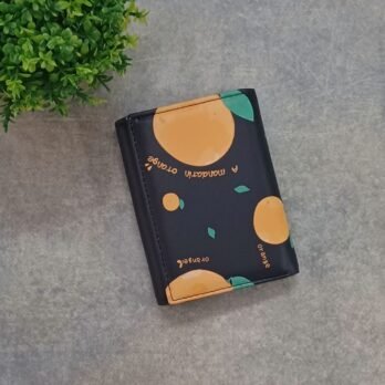 Vegan Leather 3-Fold Wallet Black with Cute Orange Print | Card & Photo Holder