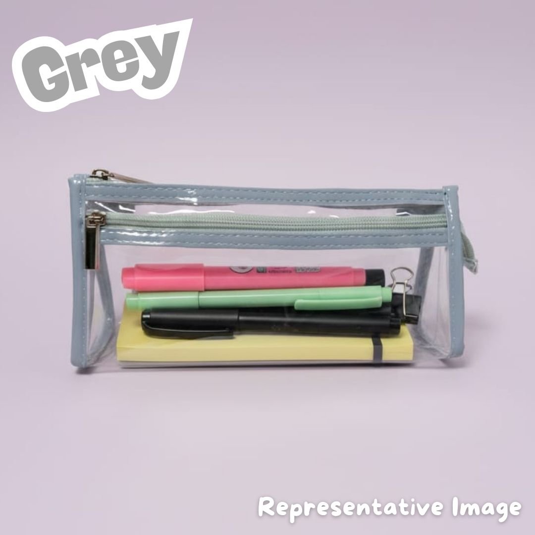 Grey transparent pencil pouch with PU leather trim and zipper
