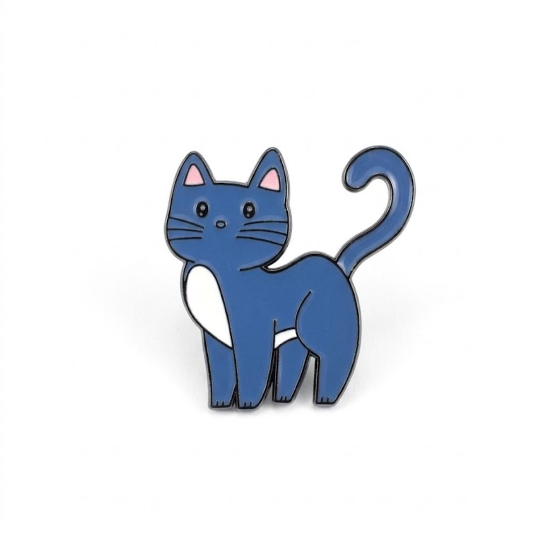 Cute kitten lapel badge on denim jacket