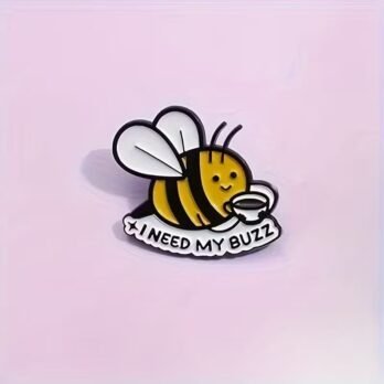 Cute Bee Enamel Pin “I Need My Buzz” – Coffee Lover Cartoon Lapel Badge for Backpacks, Jackets & Bags
